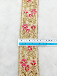 Thumbnail for Beige Silk Fabric Trim with Gold and Pink Floral Embroidery, Sari Border Trim, Trim by Yard
