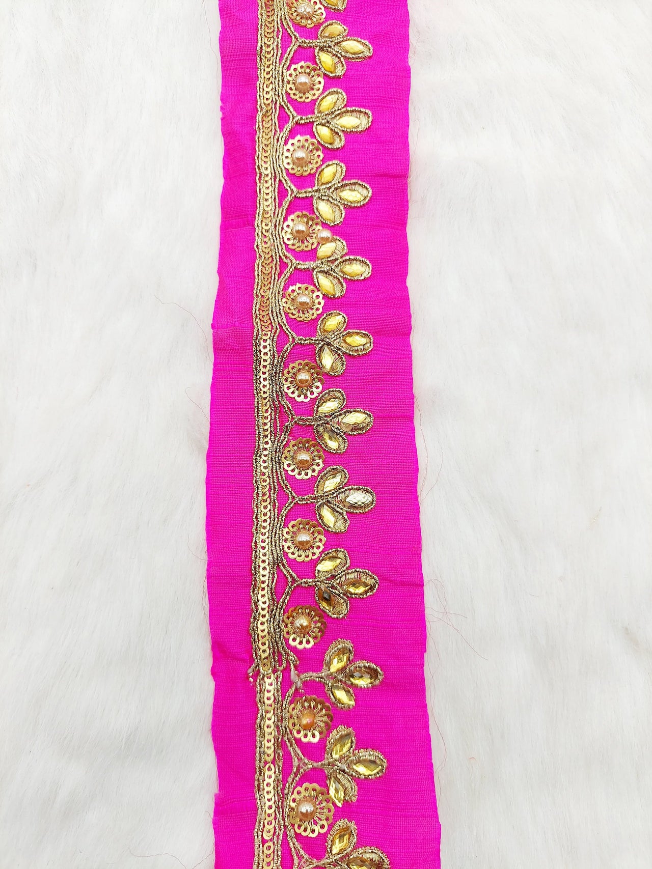 Fuchsia Pink Silk Fabric Lace Trim Floral Embroidery & Indian Stones Kundan Embellishment, Decorative Sari Trim, Floral Border Trim By Yard