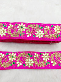 Thumbnail for Fuchsia Pink Art Silk Fabric Trim, Green & Gold Floral Embroidery Gota Patti Indian Sari Border Trim By Yard Decorative Trim Craft Lace
