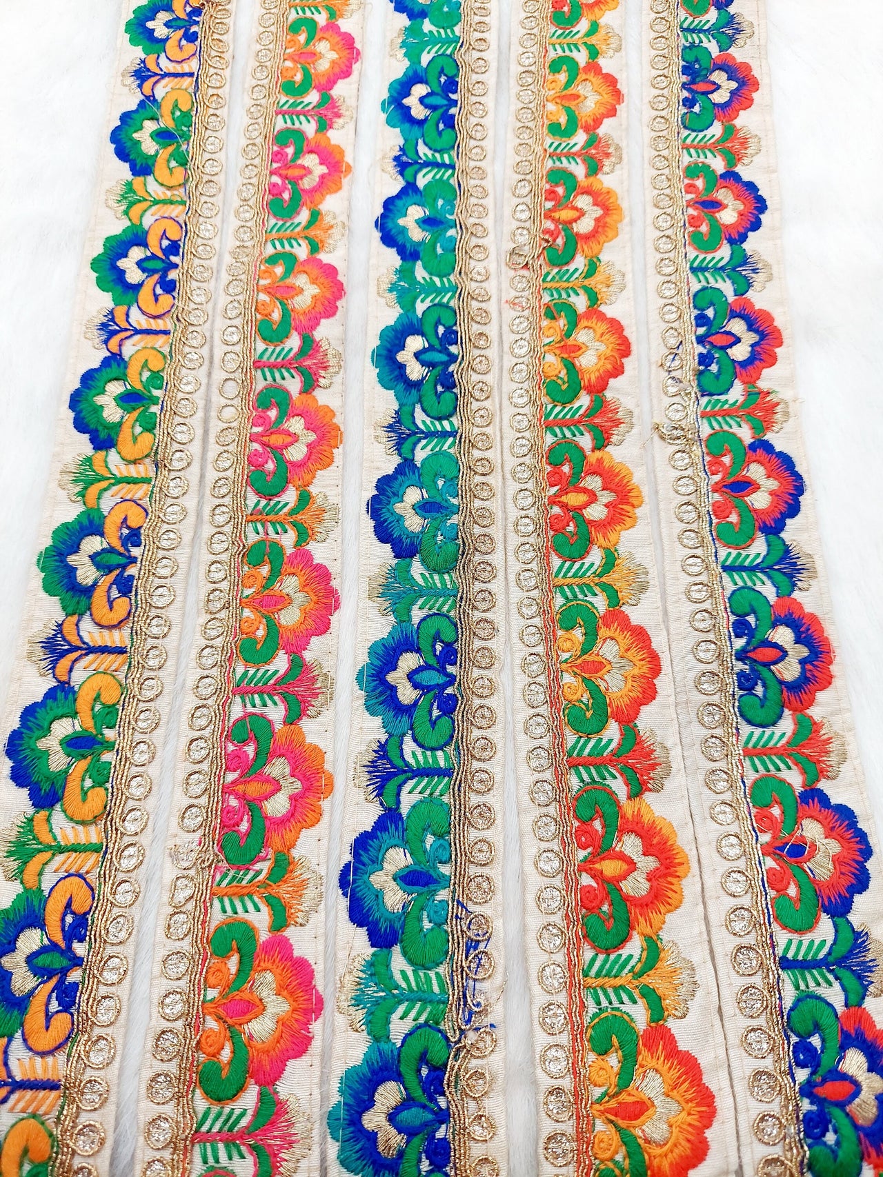 Beige Art Silk Lace Trim in Floral Embroidery, Gold Sequins Embellishments, Decorative Trim