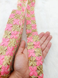 Thumbnail for Beige Net Fabric Trim With Gold Embroidery, Floral Embroidery, Available in 6 Colours