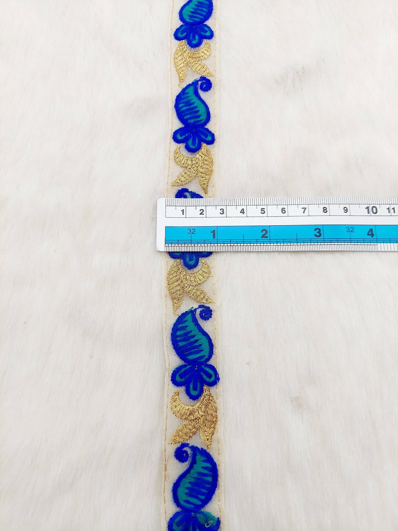 Beige Tissue Fabric Trim With Blue and Gold Embroidery, Paisley Embroidery, Trim by 2 Yards