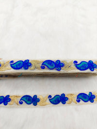 Thumbnail for Beige Tissue Fabric Trim With Blue and Gold Embroidery, Paisley Embroidery, Trim by 2 Yards