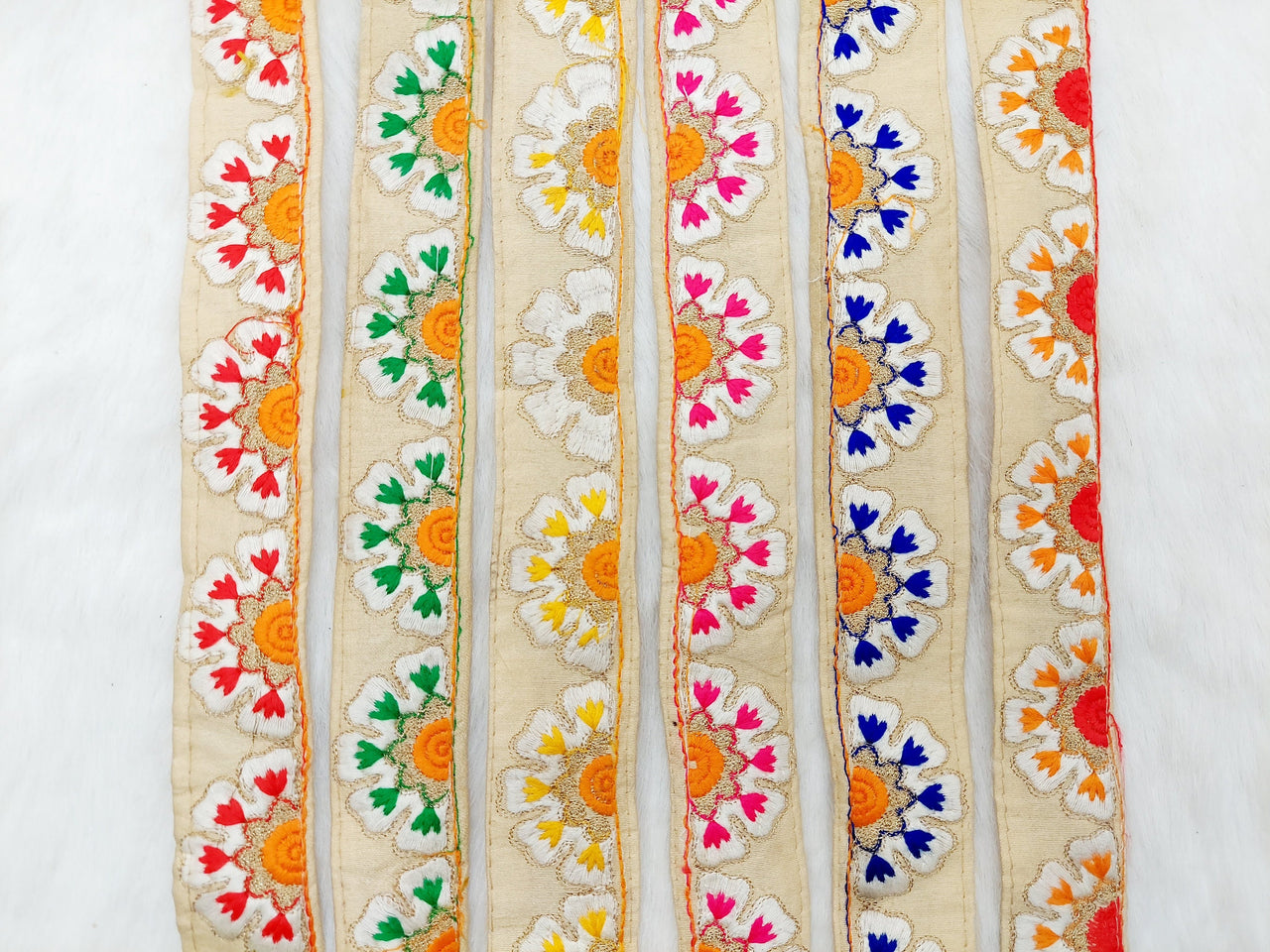 Beige Art Silk Lace Trim in Floral Embroidery, Decorative Trim, Trim By 3 Yards