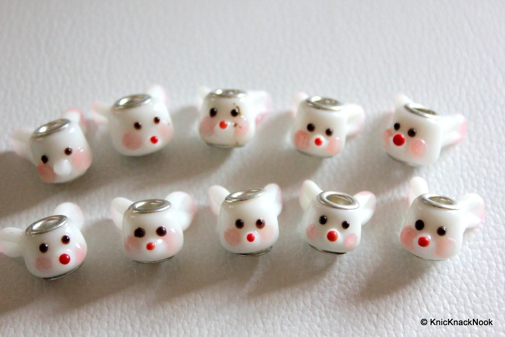 10 X White Pink Glass Easter Bunny / Rabbit Lampwork Bead