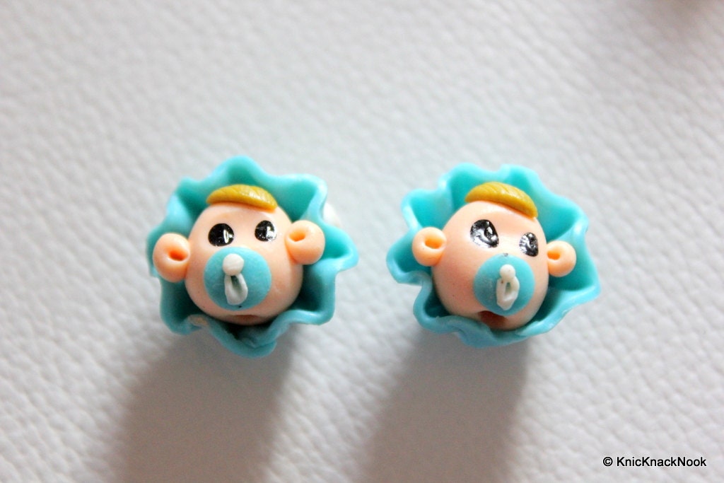 2 x Polymer Fimo Clay Baby Boy Dolls Head Beads, Crafting Beads, Baby Shower Beads