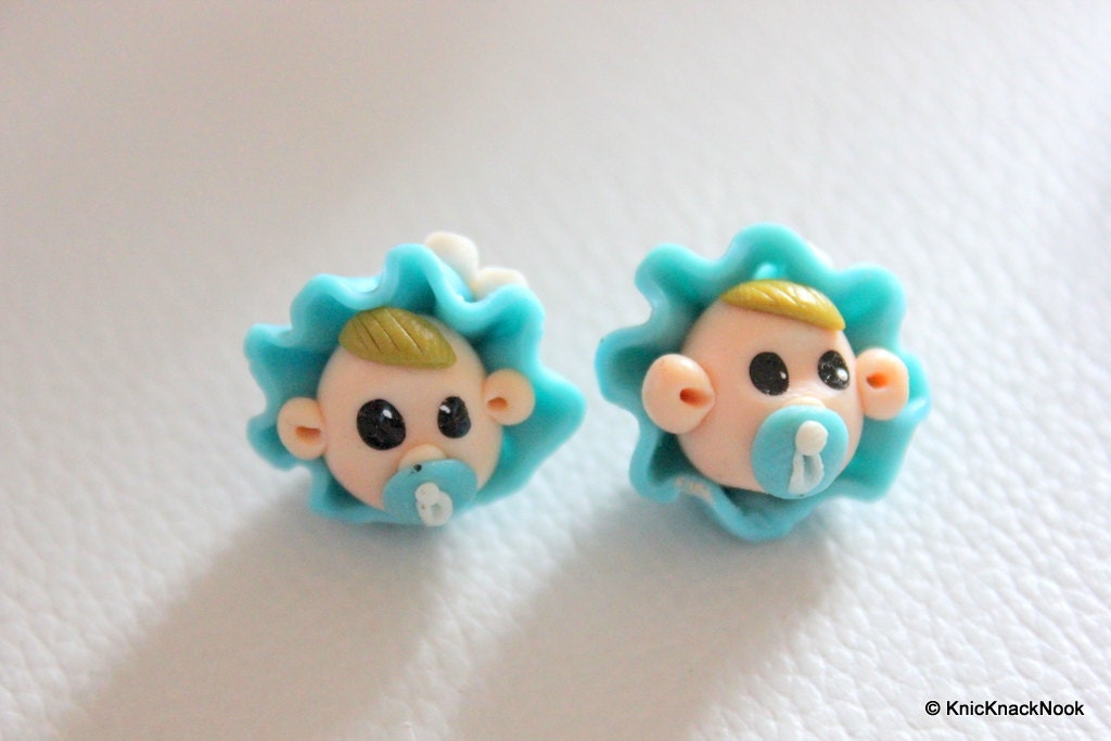 2 x Polymer Fimo Clay Baby Boy Dolls Head Beads, Crafting Beads, Baby Shower Beads