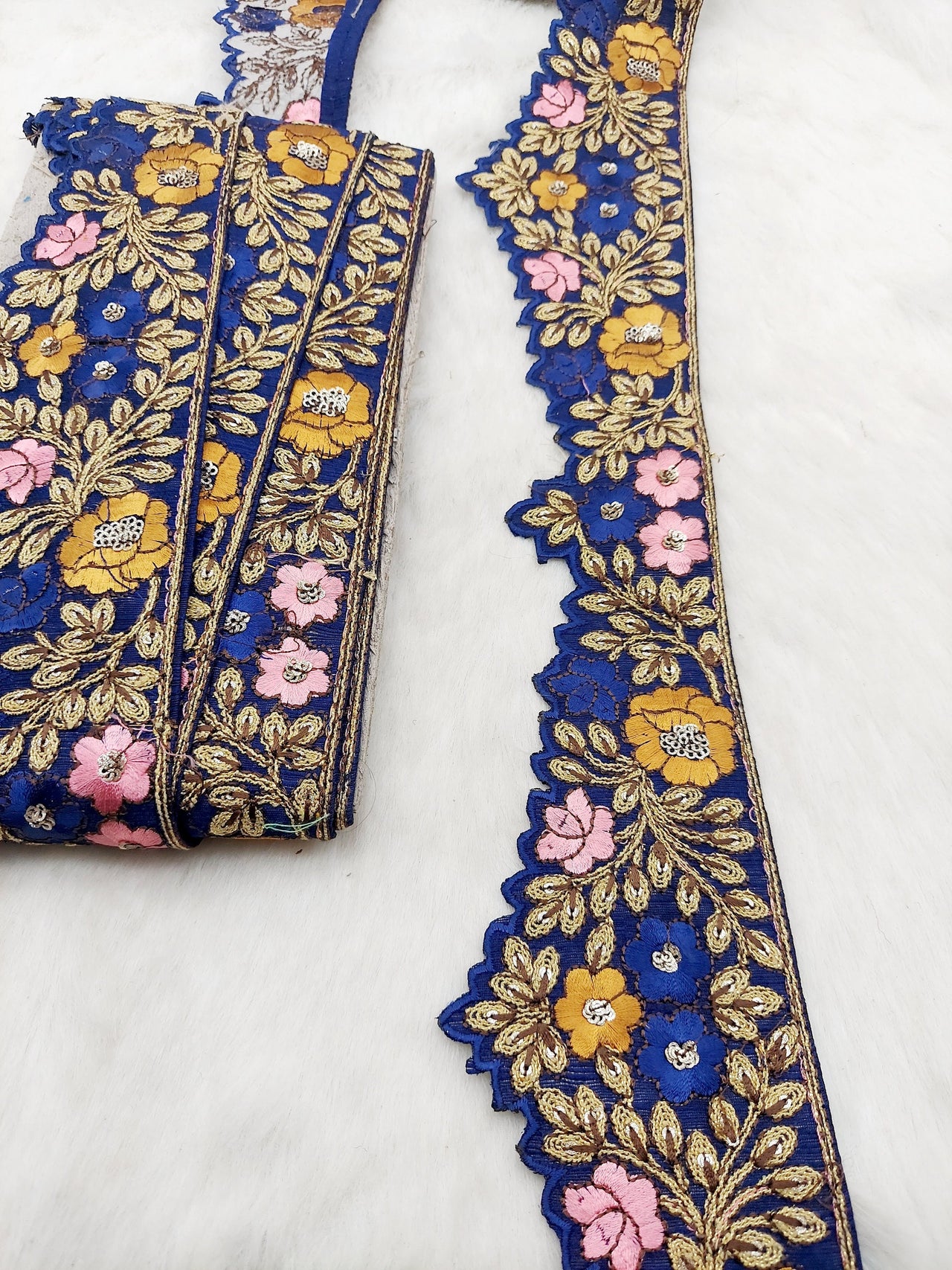 Art Silk Hand Embroidered Cutwork Lace Trim In Gold Floral Embroidery, Sari Border, Trim by Yard