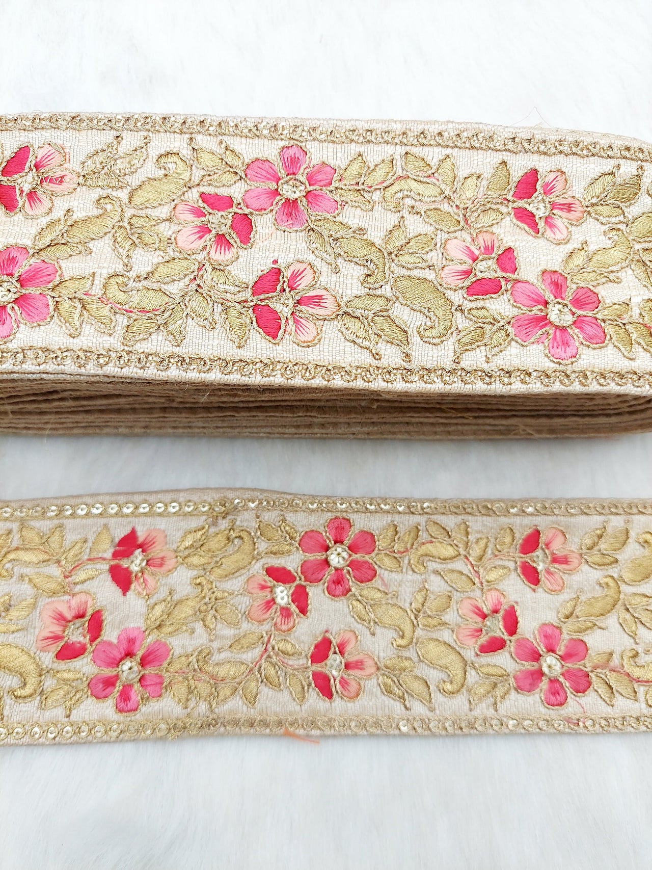 Beige Silk Fabric Trim with Gold and Pink Floral Embroidery, Sari Border Trim, Trim by Yard