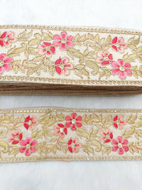 Thumbnail for Beige Silk Fabric Trim with Gold and Pink Floral Embroidery, Sari Border Trim, Trim by Yard