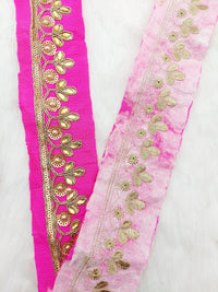Thumbnail for Fuchsia Pink Silk Fabric Lace Trim Floral Embroidery & Indian Stones Kundan Embellishment, Decorative Sari Trim, Floral Border Trim By Yard