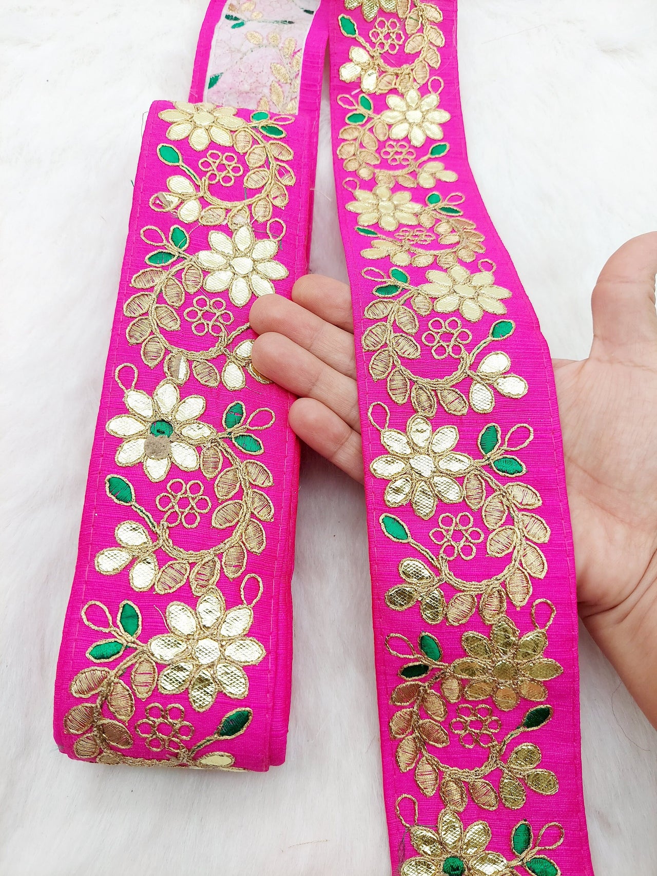 Fuchsia Pink Art Silk Fabric Trim, Green & Gold Floral Embroidery Gota Patti Indian Sari Border Trim By Yard Decorative Trim Craft Lace