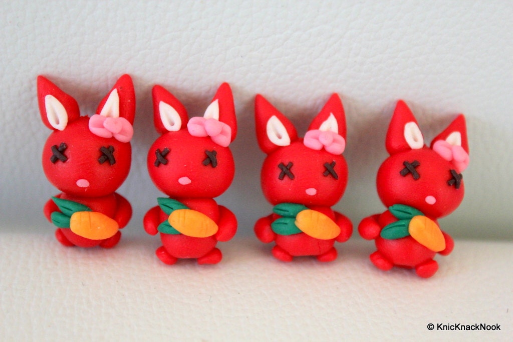 4 x Polymer Fimo Clay Red Rabbit With Carrot Beads