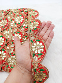 Thumbnail for 9 Yards Silk Fabric Scalloped Lace Trim, Indian Gold Foil Work Embroidery Gota Patti Sari Border Decorative Trim Craft Lace