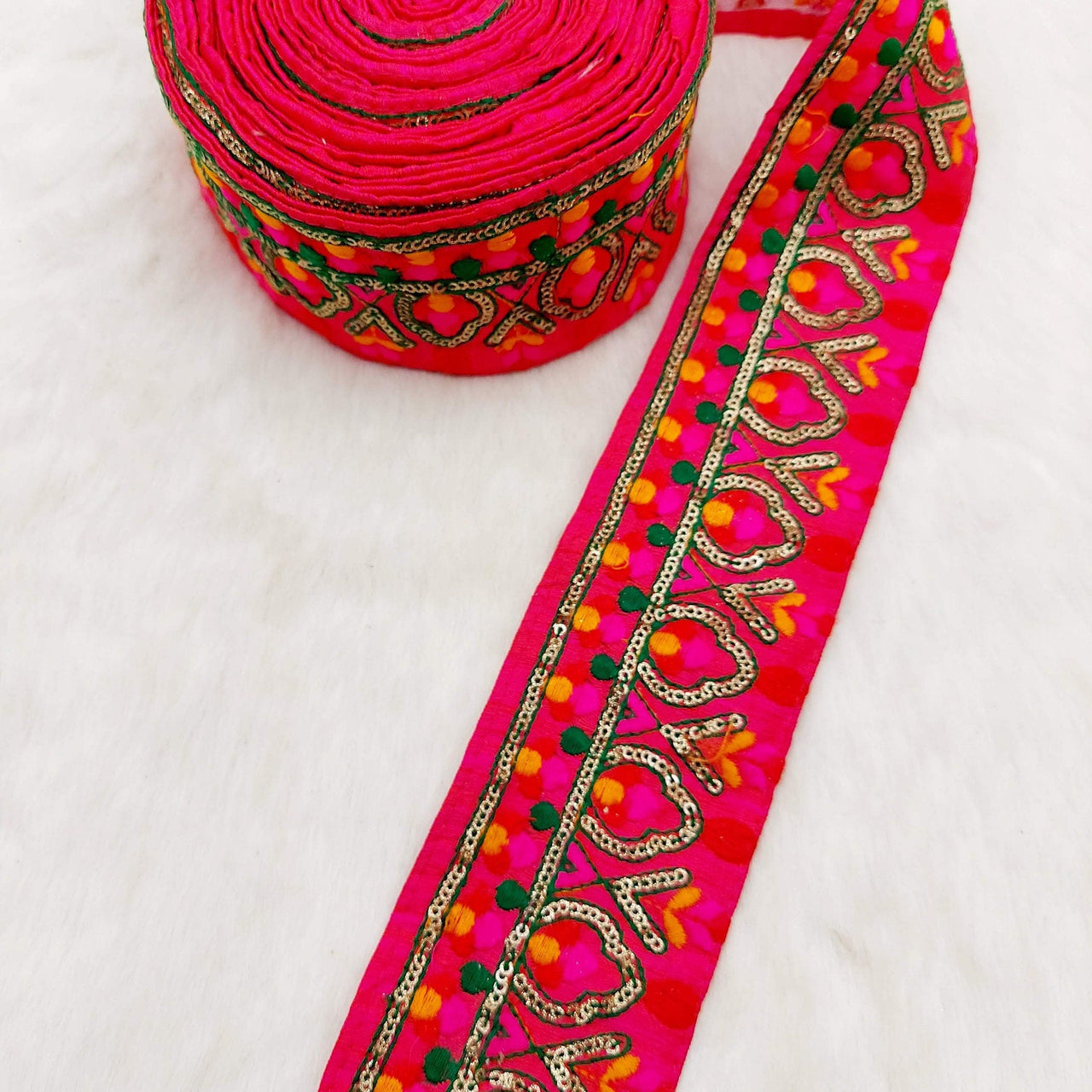 Deep Pink Fabric Trim With Green, Fuchsia Pink, Red And Orange Embroidery and Gold Sequins