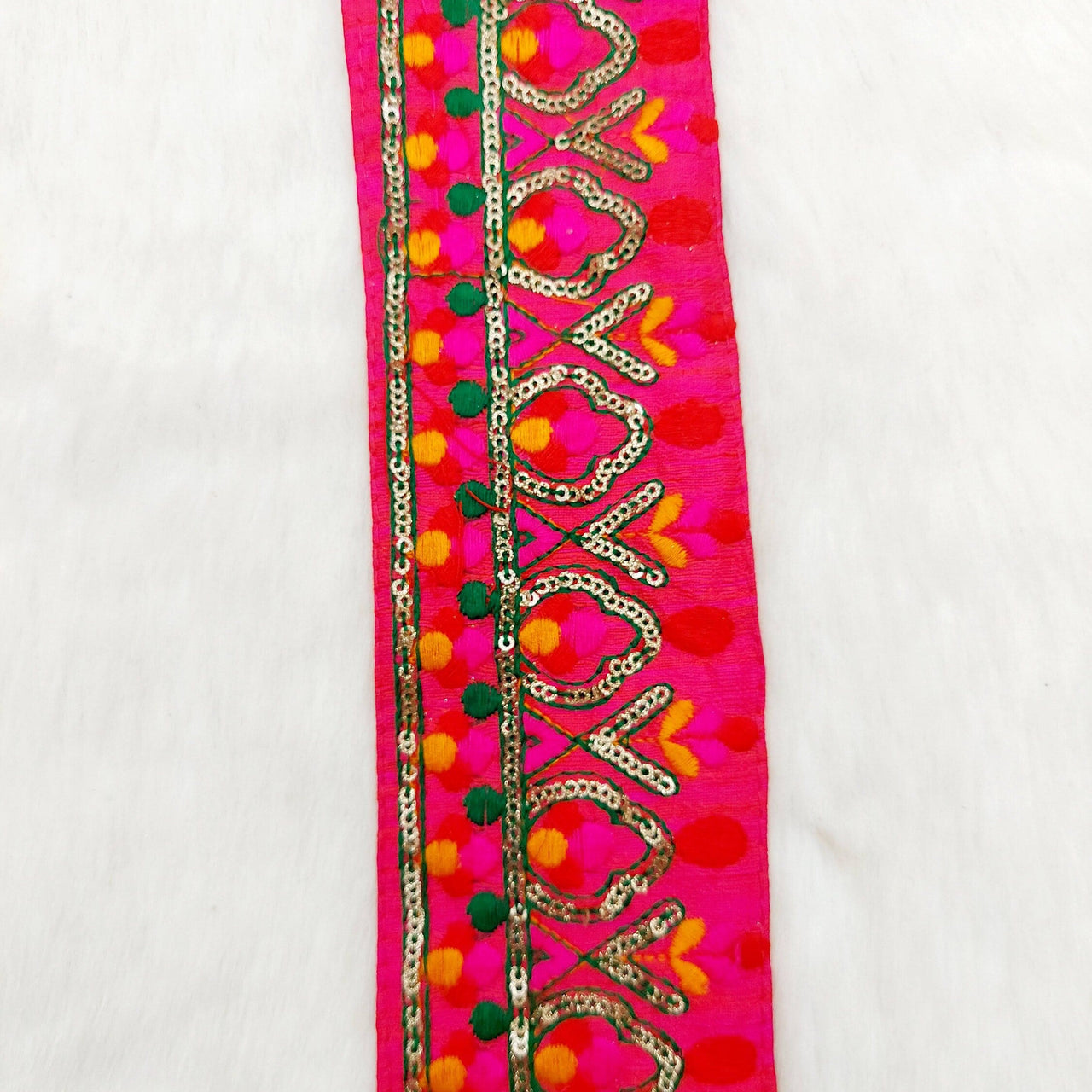 Deep Pink Fabric Trim With Green, Fuchsia Pink, Red And Orange Embroidery and Gold Sequins