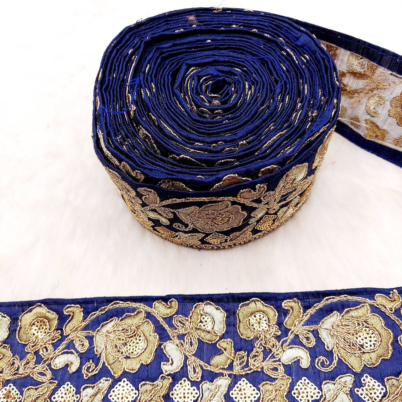 Silk Trim Gold Floral Embroidered Sequins Trim, Decorative Trim, Indian Sari Border