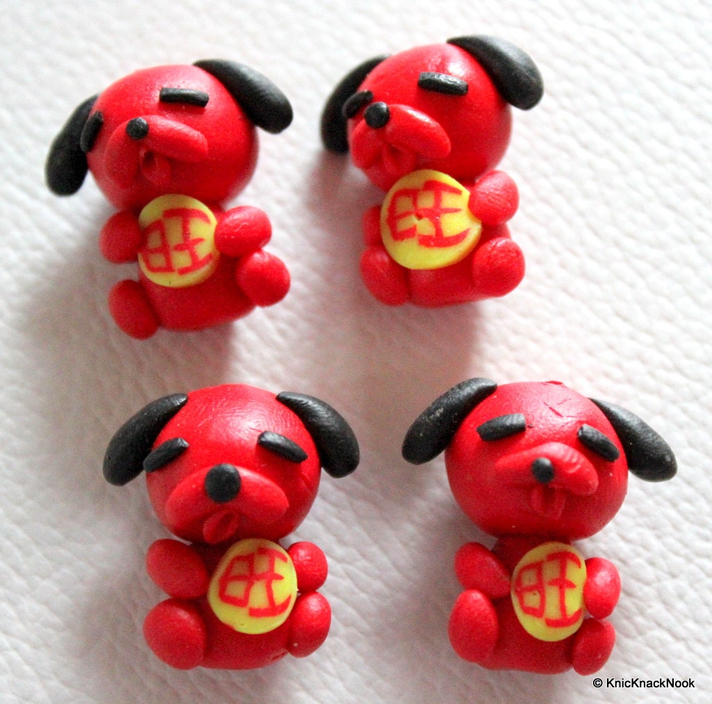 4 x Polymer Fimo Clay Cute Red Dog Beads