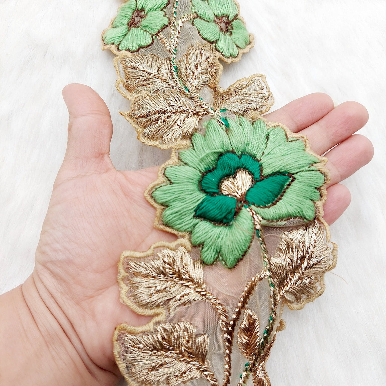Green and Gold Floral Embroidered Trim, Tissue Fabric Cutwork Lace Flowers Embroidery, Floral Sari Trimming