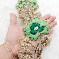 Thumbnail for Green and Gold Floral Embroidered Trim, Tissue Fabric Cutwork Lace Flowers Embroidery, Floral Sari Trimming