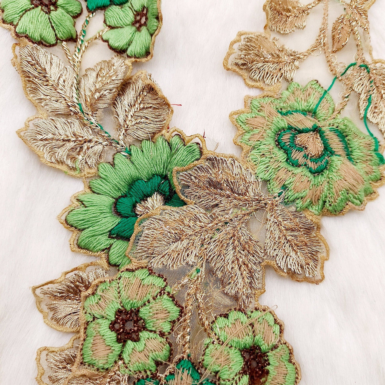 Green and Gold Floral Embroidered Trim, Tissue Fabric Cutwork Lace Flowers Embroidery, Floral Sari Trimming