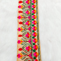 Thumbnail for Peach Fabric Trim With Green, Fuchsia Pink, Red And Orange Embroidery and Gold Sequins