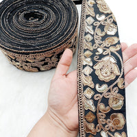 Thumbnail for Silk Trim Gold Floral Embroidered Sequins Trim, Decorative Trim, Indian Sari Border