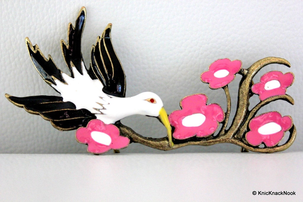 1 x Black and White Bird with Pink Flowers Bronze Tone Pendant