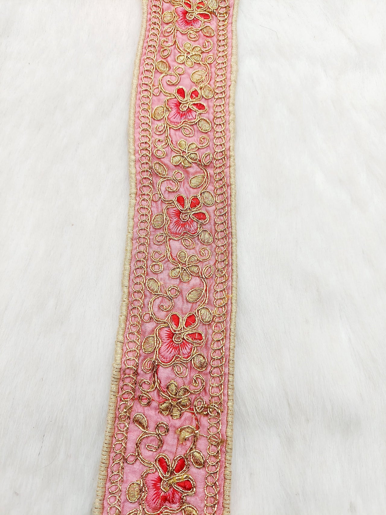 Pink Art Silk Trim In Gold, Red and Pink Floral Embroidery, Embroidered Flowers Border
