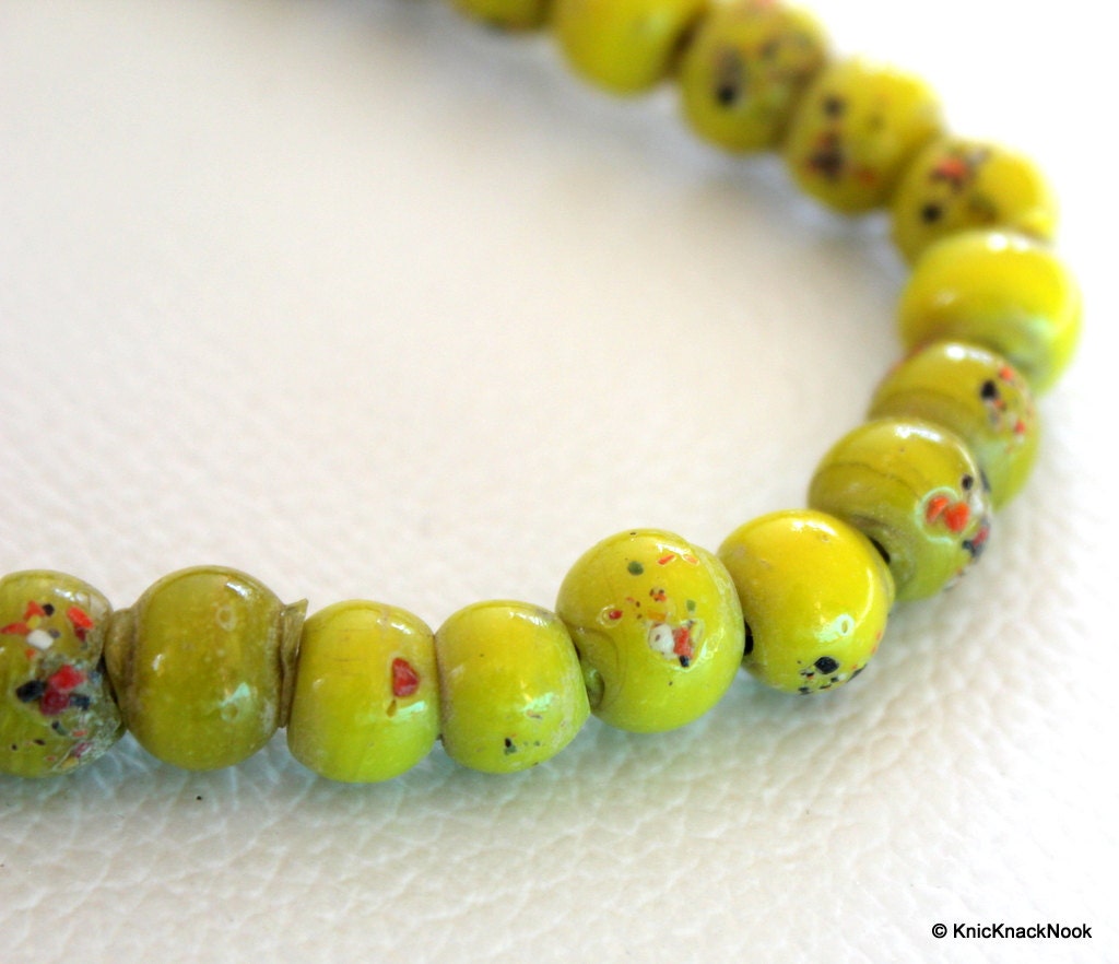 Yellow Green Round Opaque Glass Beads with Colour dots 8mm