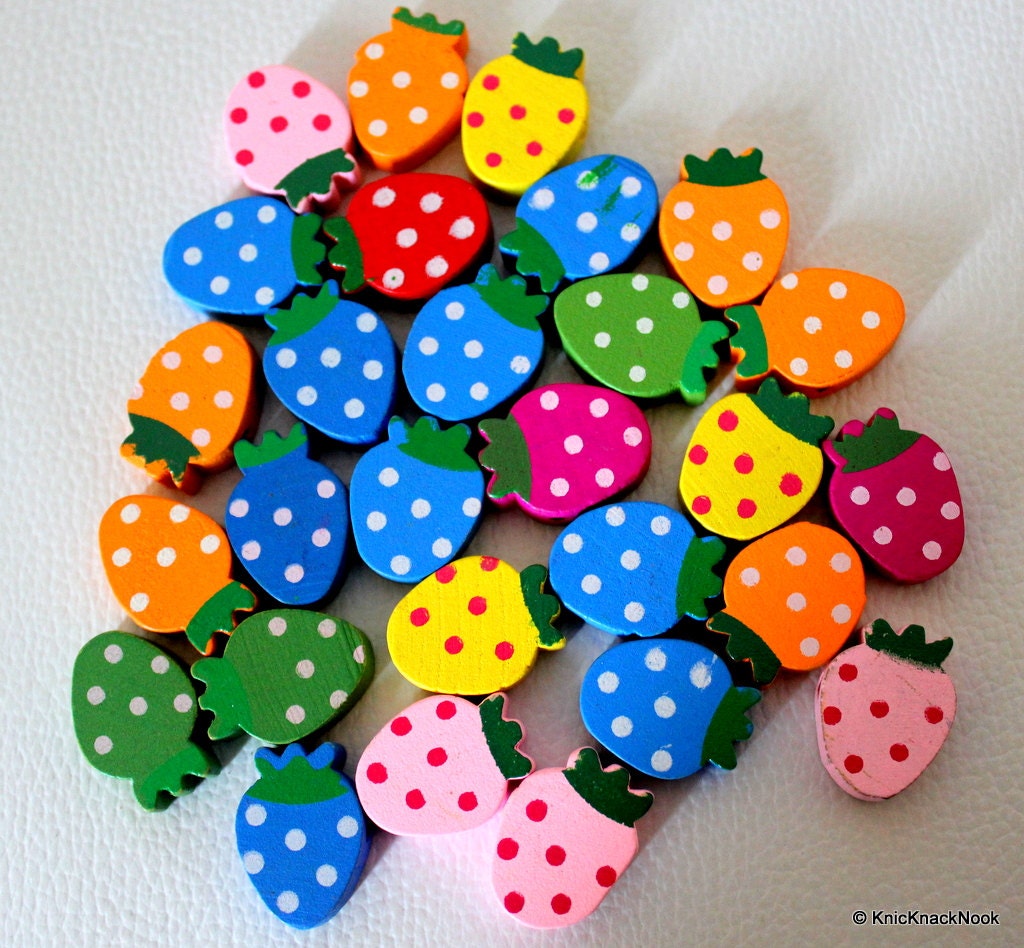10 x Multicoloured Strawberry Shaped Wood Beads