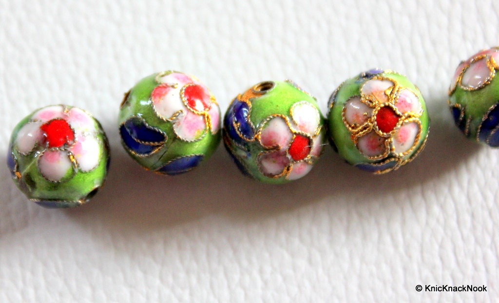 5 x Cloisonné Green, Red, Blue and Pink Round Beads 12mm
