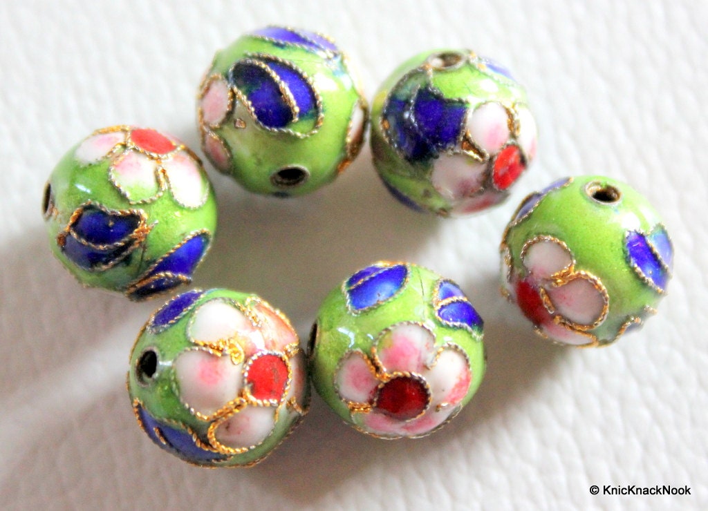5 x Cloisonné Green, Red, Blue and Pink Round Beads 12mm