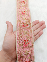 Thumbnail for Pink Art Silk Trim In Gold, Red and Pink Floral Embroidery, Embroidered Flowers Border