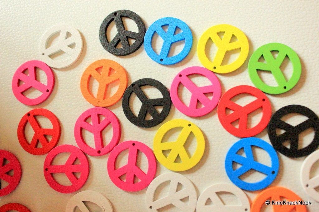 10 x Multicolor Peace Wood Beads 24mm