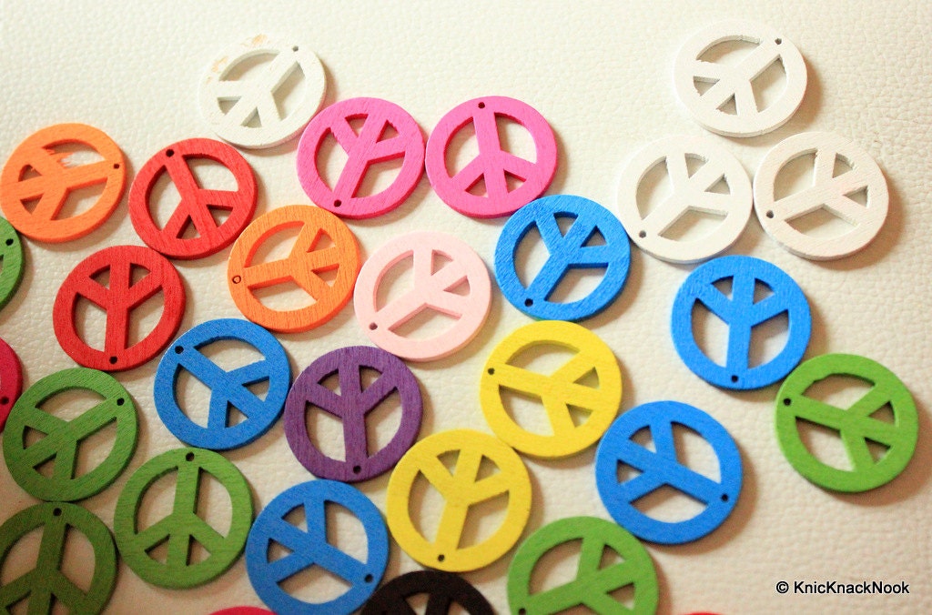 10 x Multicolor Peace Wood Beads 24mm