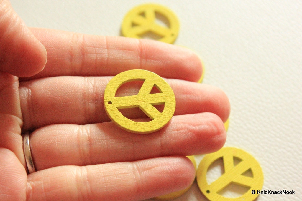 10 x Peace Shaped Yellow Colour Wood Beads 24mm