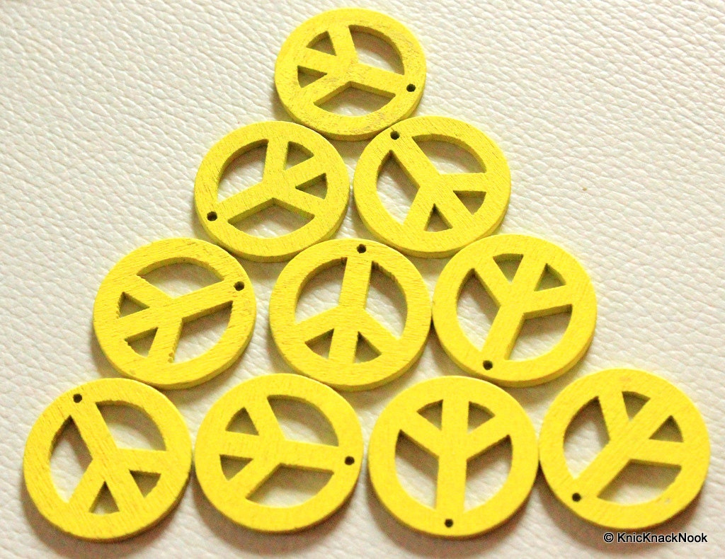 10 x Peace Shaped Yellow Colour Wood Beads 24mm