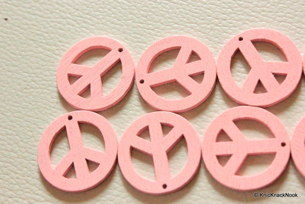10 x Peace Shaped Pink Colour Wood Beads 24mm