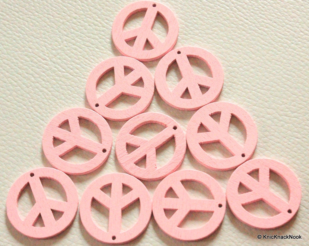 10 x Peace Shaped Pink Colour Wood Beads 24mm