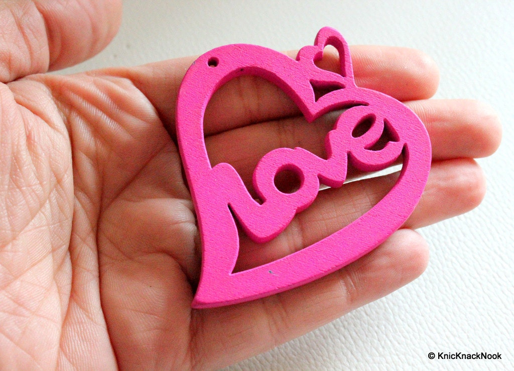 1 x Fuchsia Pink Love Heart Wood Bead 70mm