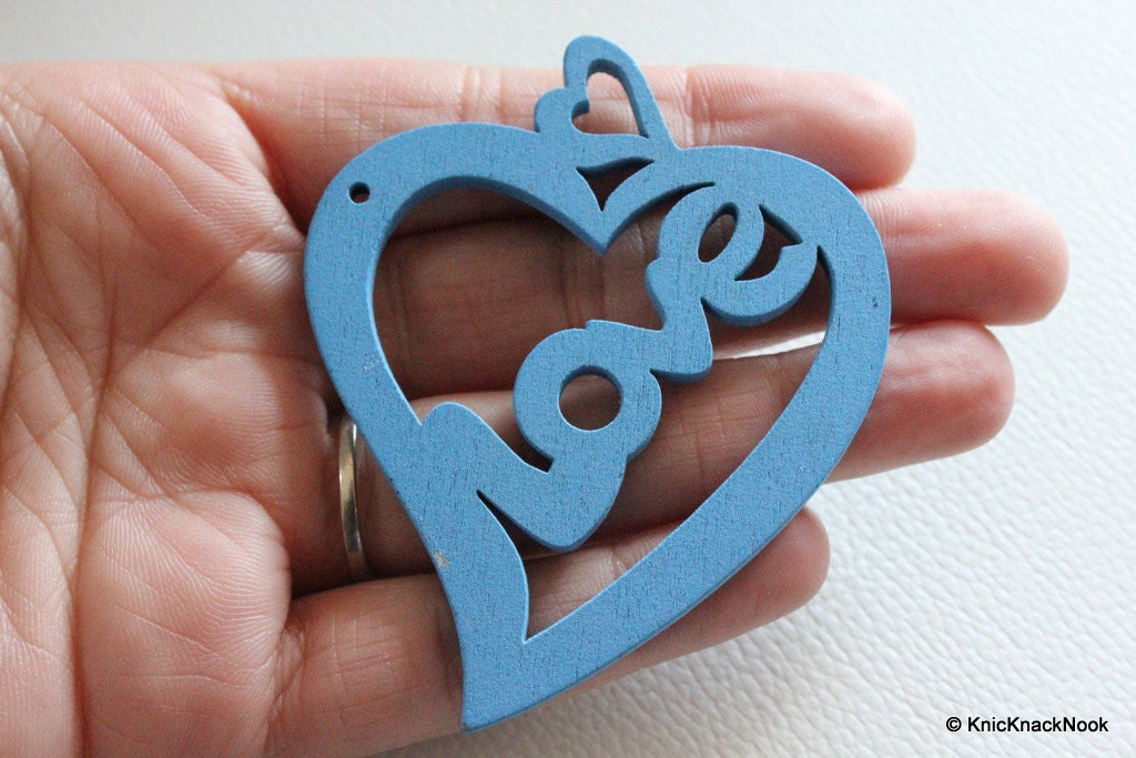 1 x Blue Love Heart Wood Bead 70mm