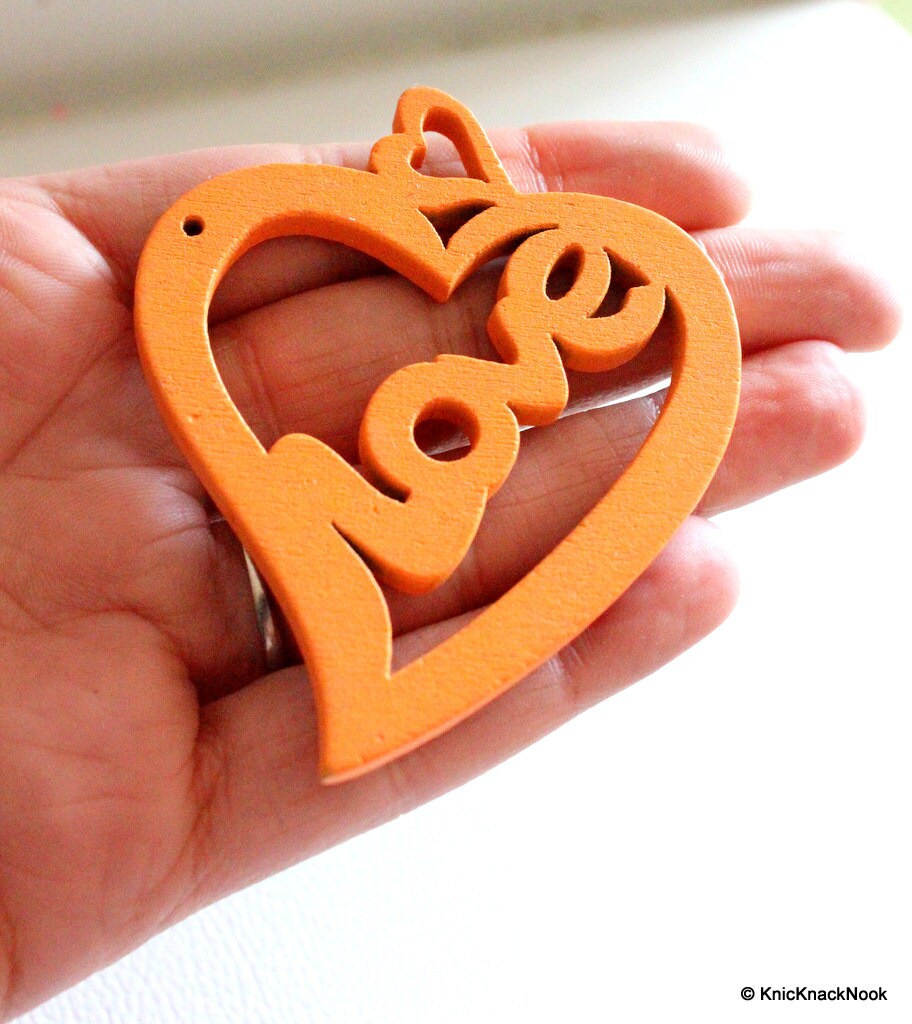 1 x Orange Love Heart Wood Bead 70mm