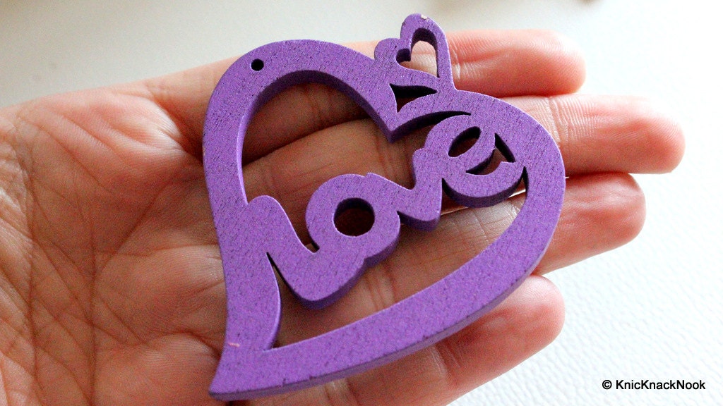 1 x Purple Love Heart Wood Bead 70mm