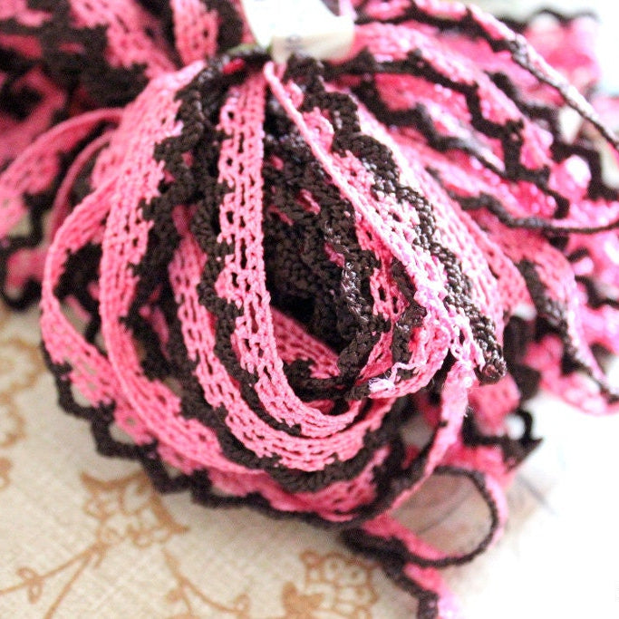 Pink and Brown Embroidery Crochet Cotton Border Trim, One Yard Lace Approx. 12mm Wide, Brown Lace And Pink Lace