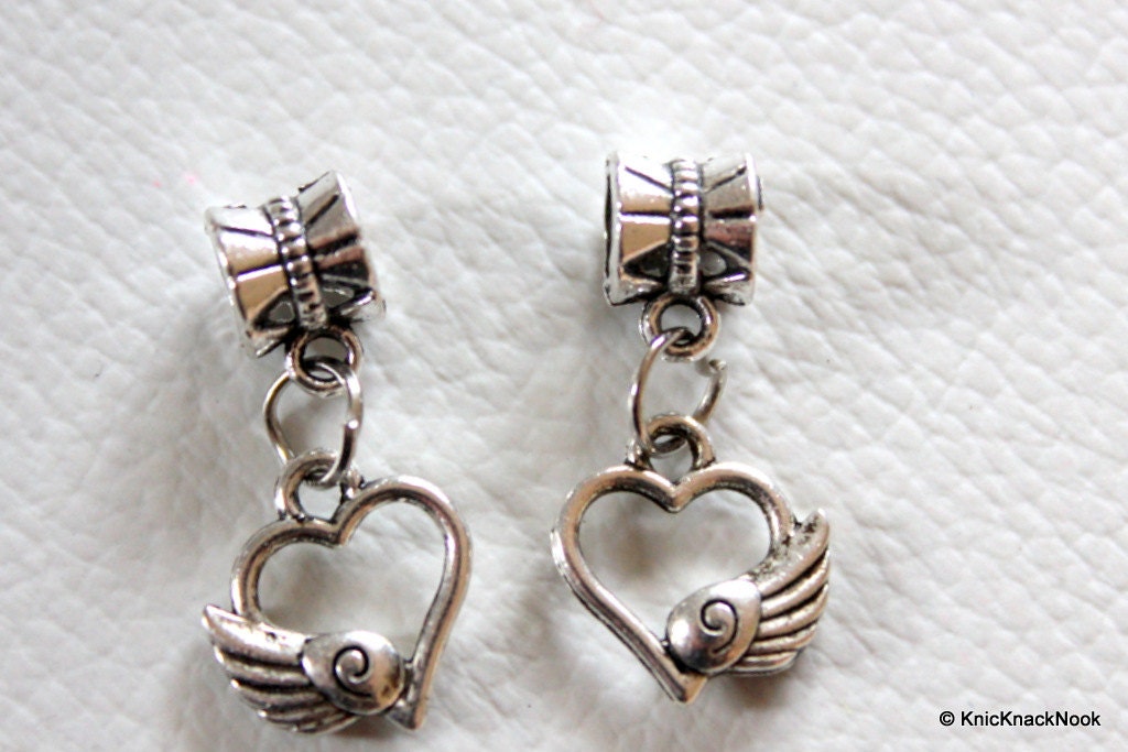 Tibetan silver Heart with wing dangle Bead / Charm x 2