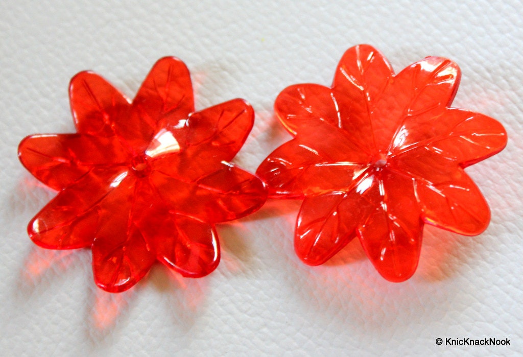 7 x Red Flower Transparent Acrylic Beads 3.8cm x 3.5cm