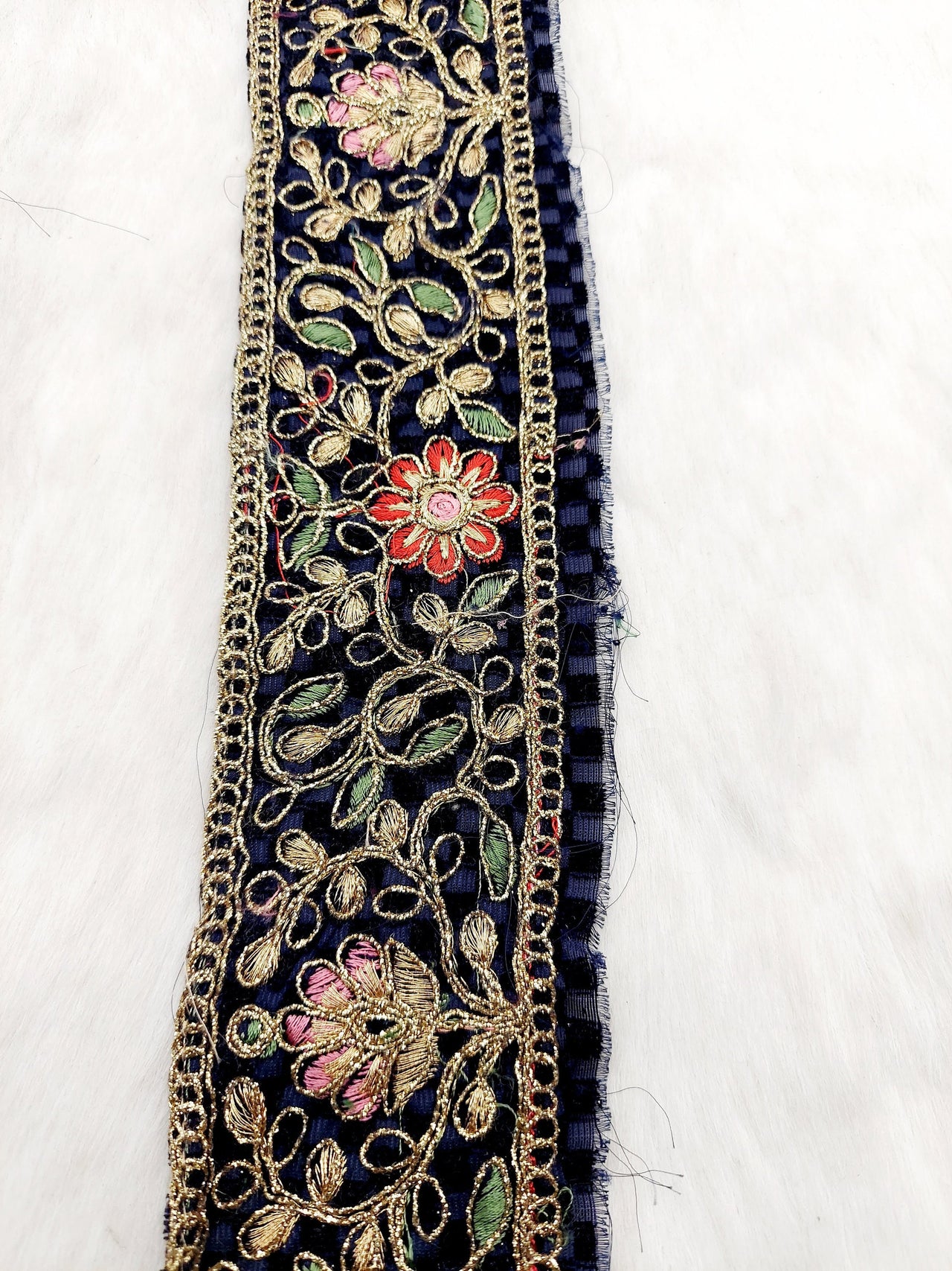 Navy Blue Chequered Velvet Trim In Gold Floral Embroidery, Gota Patti Edging Trim, Trim By Yard Decorative Trimming, Embroidered Trim