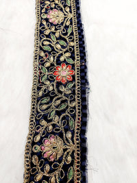 Thumbnail for Navy Blue Chequered Velvet Trim In Gold Floral Embroidery, Gota Patti Edging Trim, Trim By Yard Decorative Trimming, Embroidered Trim