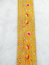 Thumbnail for Mustard Yellow Art Silk Trim In Gold Floral Embroidery, Embroidered Flowers Border, Decorative Trim, Trim by Yard | 9 Yards